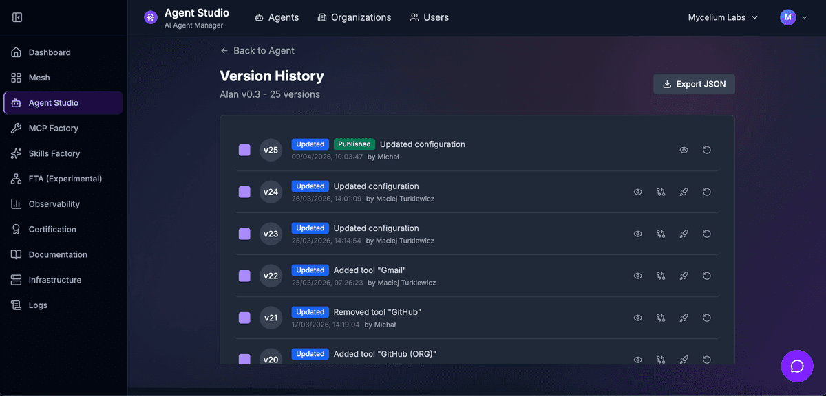 Agent version history