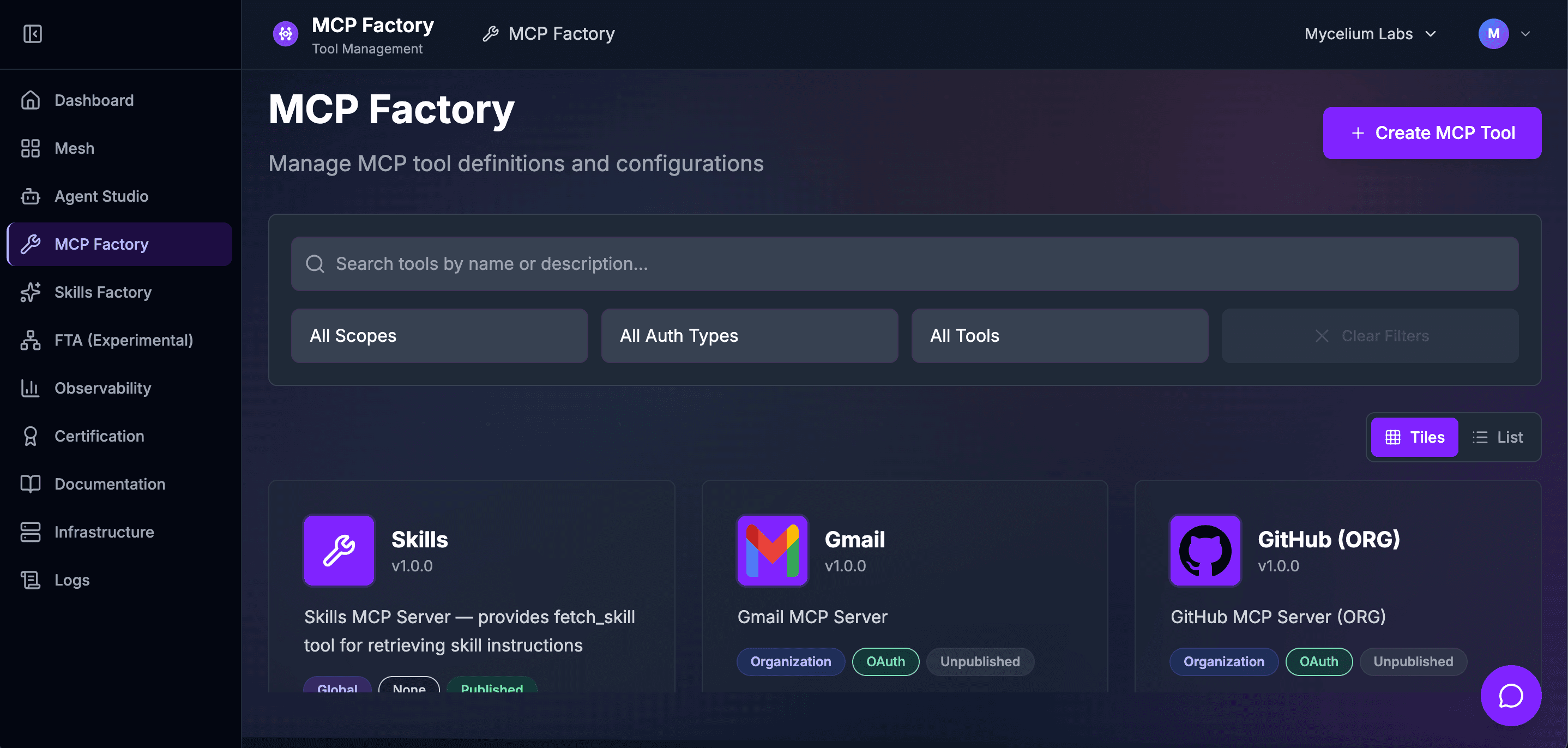 MCP Factory tool registration interface