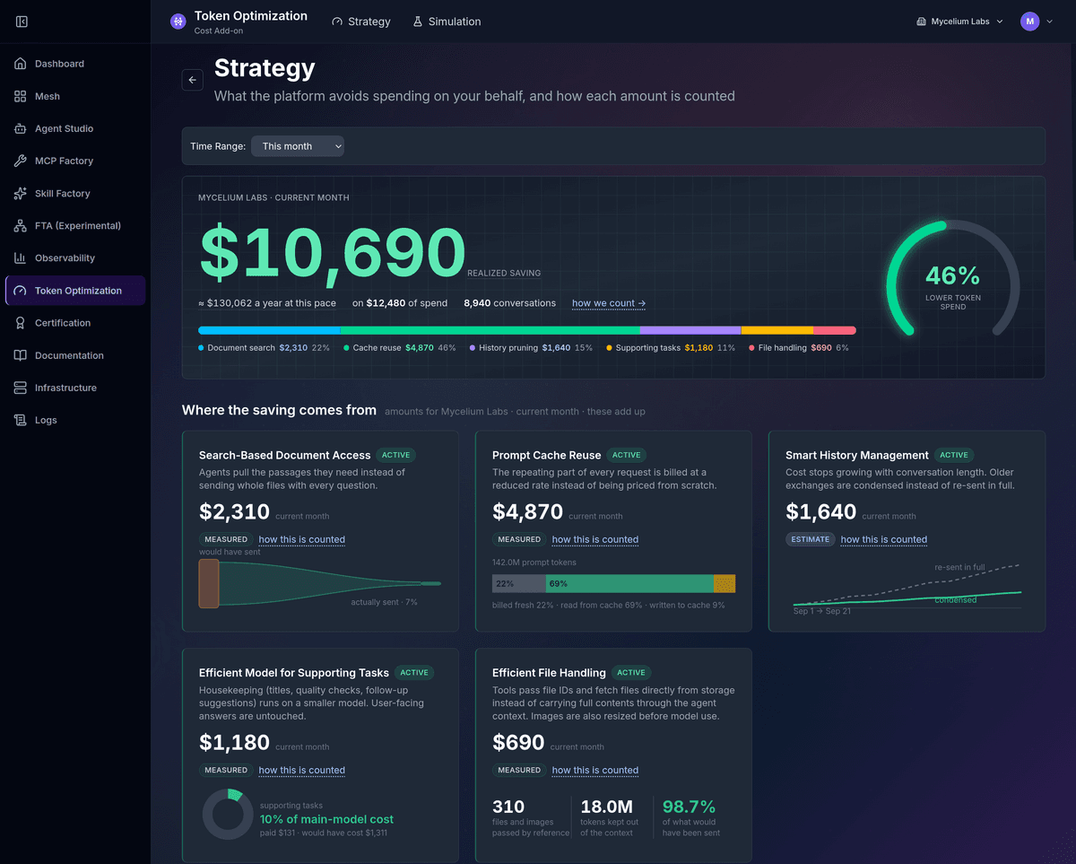 Token Optimization Strategy tab showing realized savings by optimization